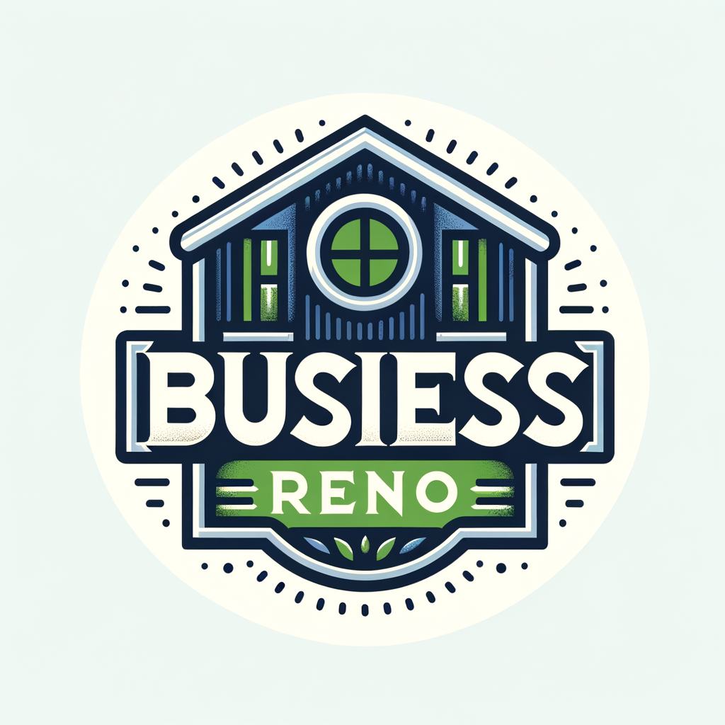 Create a flat vector, illustrative-style wordmark logo design for a home renovation company named 'FL Business Reno', where the 'FL' is stylized as a house frame. Use navy blue and forest green to represent reliability and growth against a white background. Do not show any realistic photo detail shading.