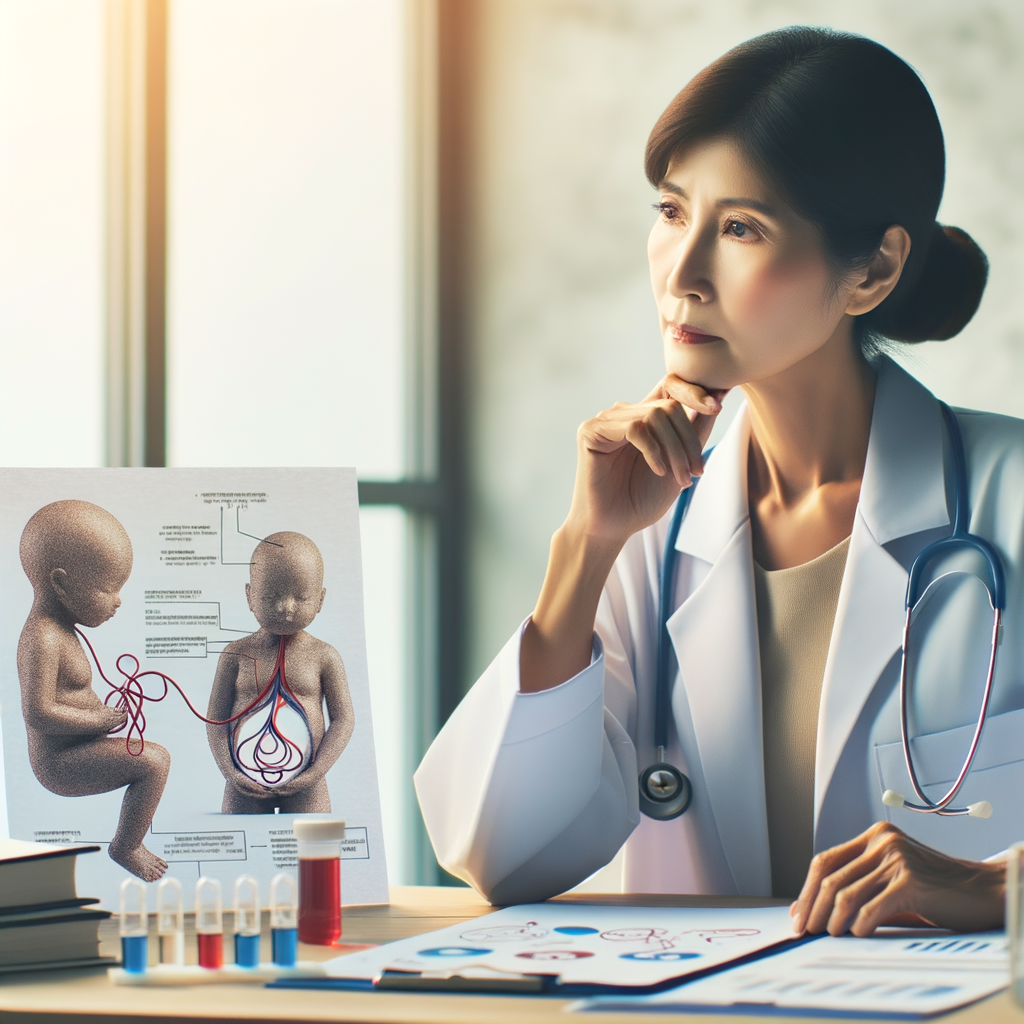 Create a realistic image of a thoughtful middle-aged Asian female doctor in a white coat sitting at her desk with educational materials showing both cord blood collection (umbilical cord image) and bone marrow donation procedure diagrams spread before her, with soft natural lighting coming through office windows, conveying a sense of guidance and decision-making support.