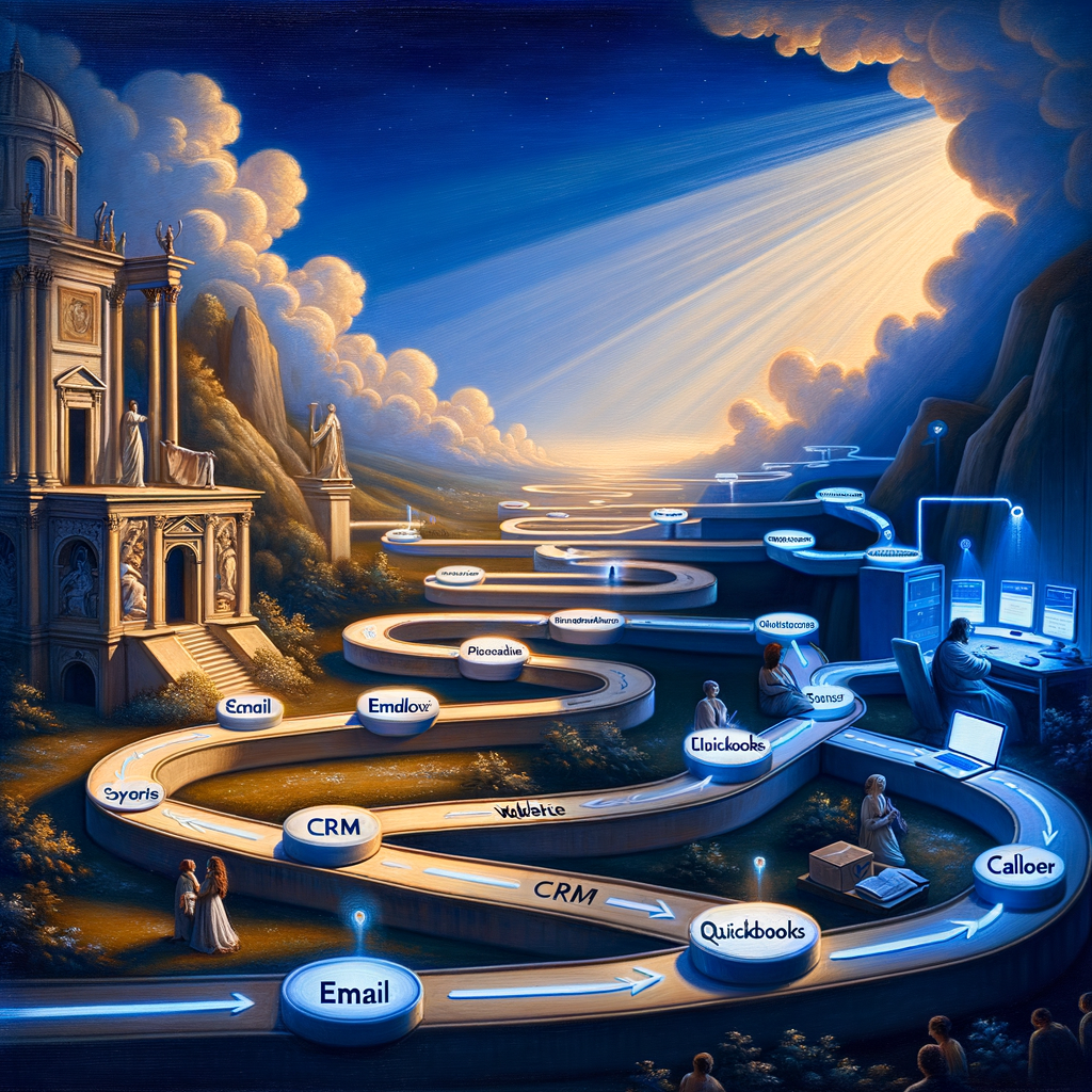 Animated flow or diagram showing: Website → CRM → Email → QuickBooks → Calendar → Ads Dashboard