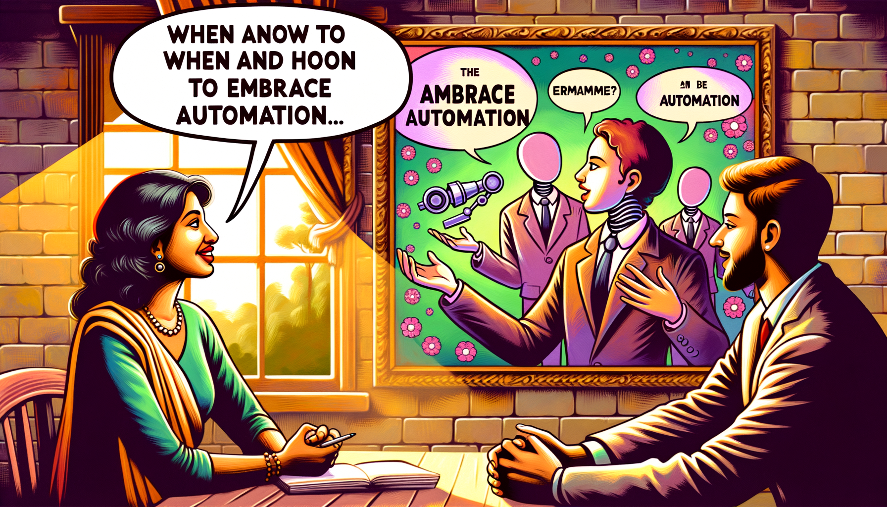 Wide aspect ratio cartoon-style images, featuring a female small business owner interacting with automation agency considering when and how to embrace automation in small business. The bold colors and playful style create a lighthearted, creative atmosphere, capturing the excitement Role of automation in small business in today's era.