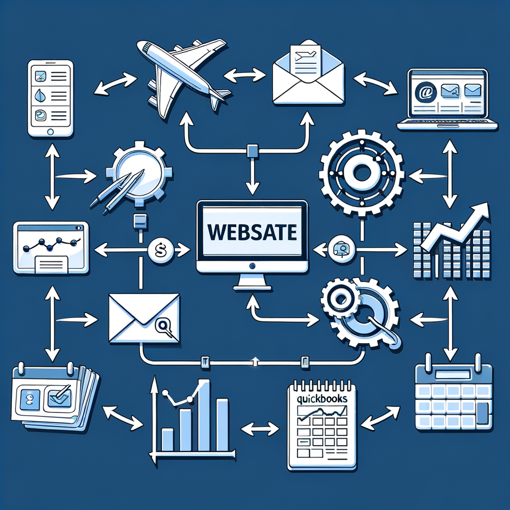 Animated flow or diagram showing: Website → CRM → Email → QuickBooks → Calendar → Ads Dashboard
